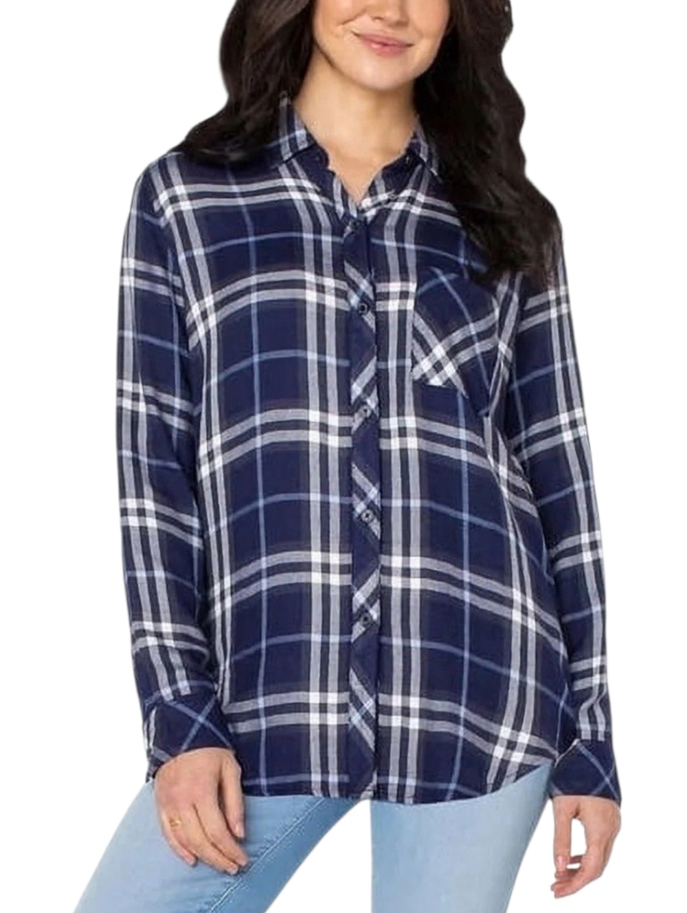 Well Worn Womens Medium Blue Plaid Button Up Long Sleeve Shirt